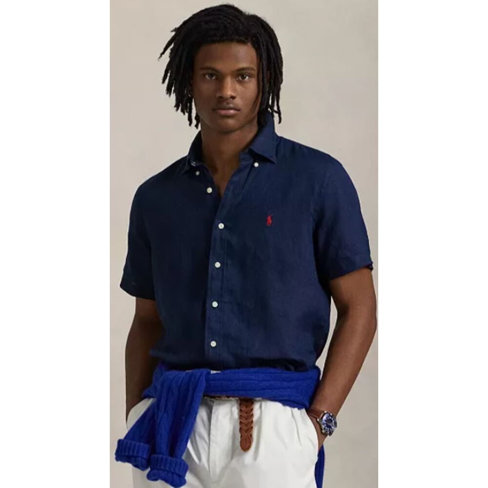 Polo Ralph Lauren Men's Short-Sleeve Linen Button-Up Size Size XLT Navy Blue Red